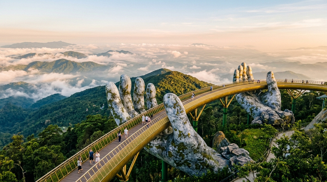 Mô tả cảnh Cầu Vàng biểu tượng tại Bà Nà Hills Đà Nẵng vào buổi chiều tà, nổi bật với đôi bàn tay đá khổng lồ vươn ra từ sườn núi giữa khung cảnh thiên nhiên hùng vĩ